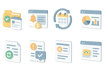 Office and business 3d icon set. documents, folders, charts icons collection