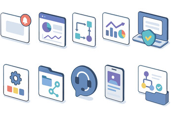 Business and technology icon set featuring flat, innovative digital designs