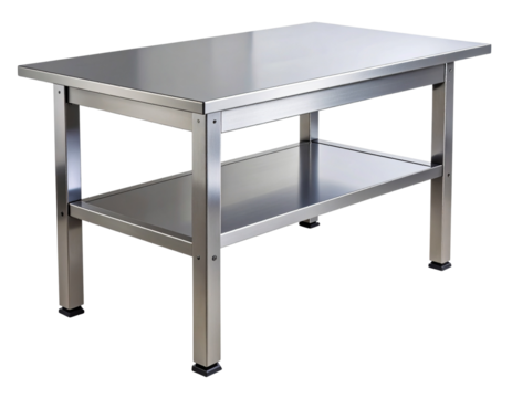 Heavy-Duty Stainless Steel Work Table with Undershelf, Front Angle View, Isolated PNG