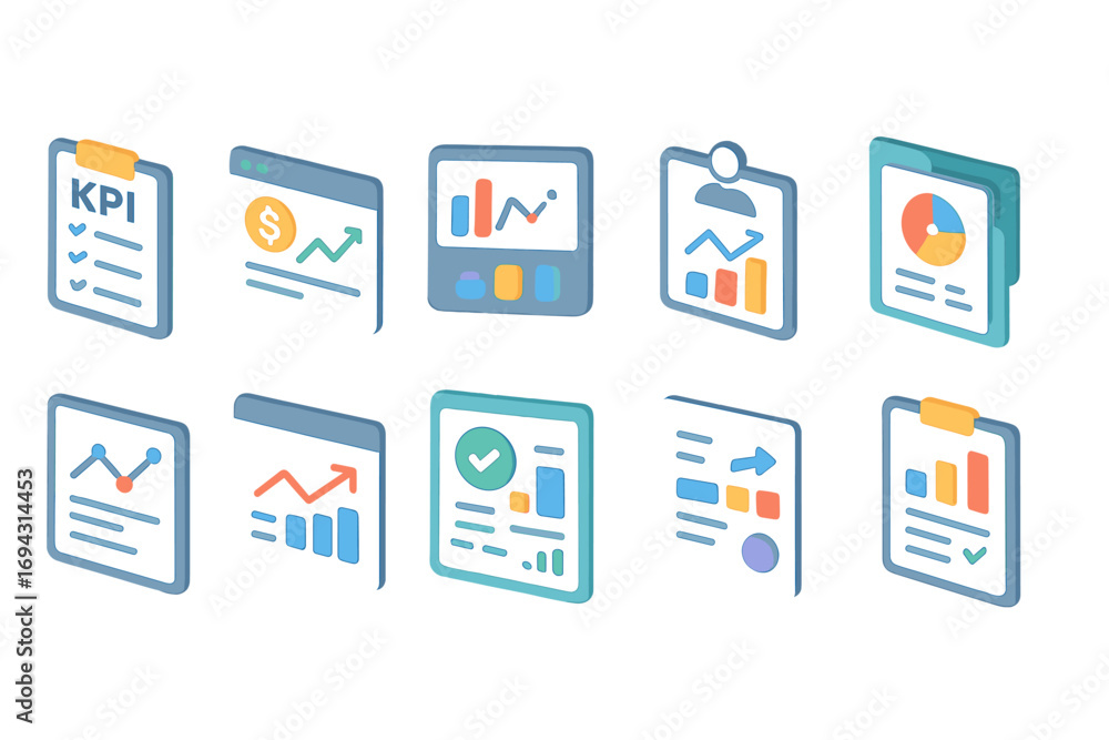 Poster business and analytics 3d icon set. data, report visualization collection