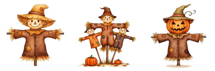 Halloween scarecrow with pumpkin head isolated on white