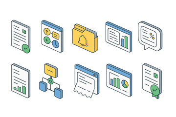 Office and business flat icon set. essential workplace tools illustrated collection