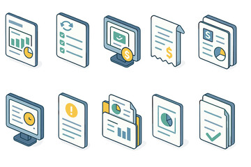Business document management icon set. linear illustrations for reports and organization