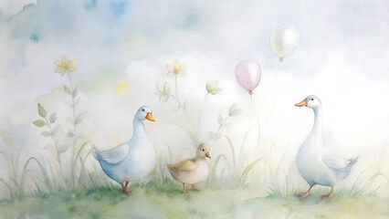 Charming watercolor illustration of geese in a field with balloons, creating a whimsical and peaceful scene with a soft, dreamy atmosphere