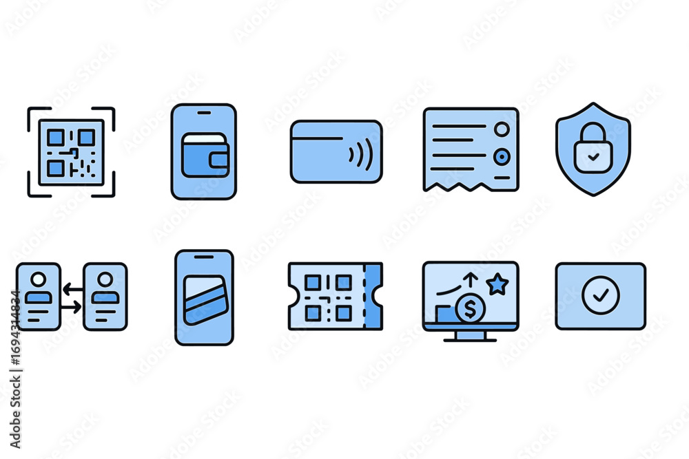 Poster digital payments linear icon set. mobile wallet, secure transactions, finance icons