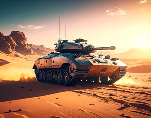 Military tank in desert sunset