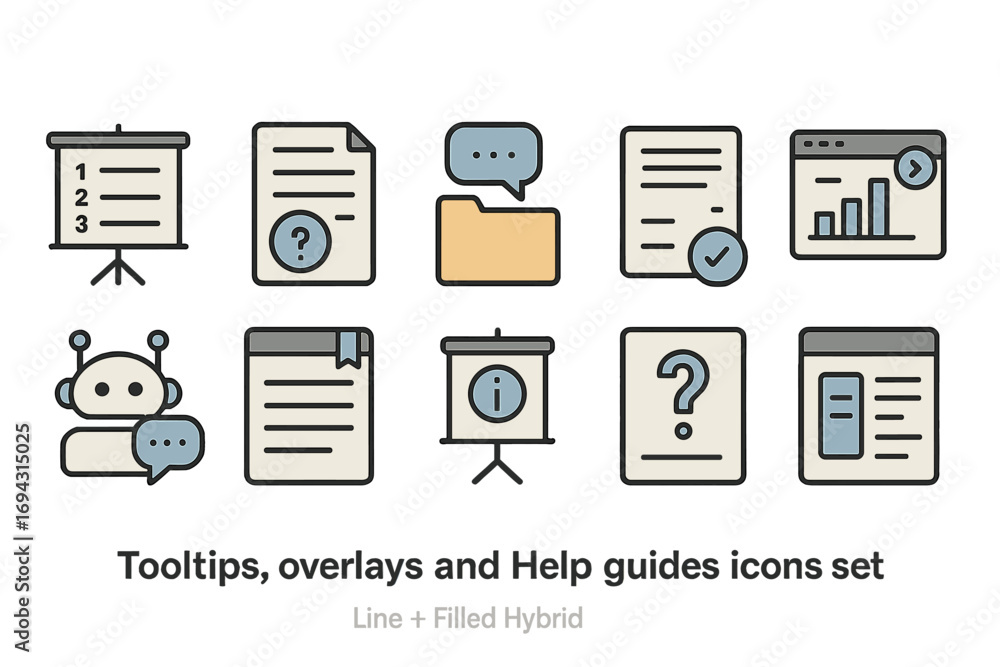 Aufkleber tooltip and overlay line icon set. guide, help, information icons in line style