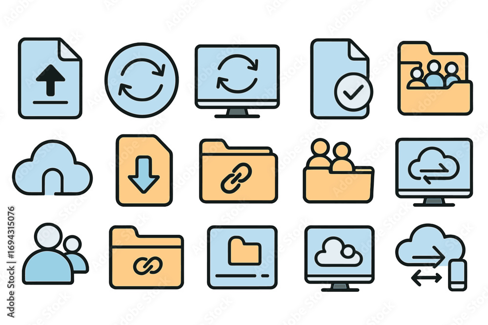 Poster file management icon set. cloud, data storage, folder icons and more, outline style