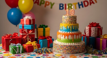 Colorful 10th Birthday Cake  Gifts.