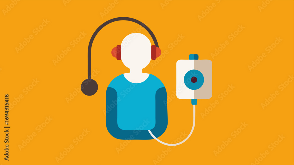 Poster assistive listening device a small portable device with headphones depicting a person using it to he
