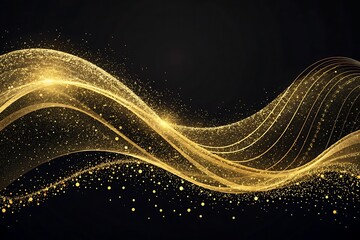 Layered golden waves with sparkling effects creating rhythmic patterns and graceful undulating movement, isolated on a transparent background