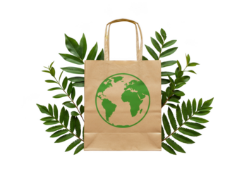 Eco-friendly shopping bag with earth symbol surrounded by lush green leaves transparent background