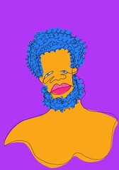 Creative portrait of a man with blue curly hair and vibrant colors in an artistic style