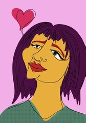 Unique artistic representation of a woman with a heart symbol in a vibrant color palette