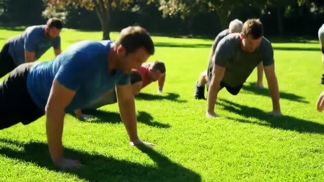 Group of fit people doing push ups during an outdoor boot camp.