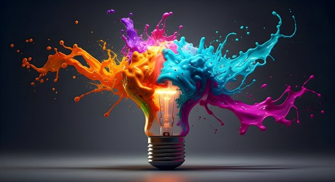 A light bulb bursts with vibrant paint splashes in multiple colors, symbolizing creativity, innovation, and the explosion of ideas. - Powered by Adobe