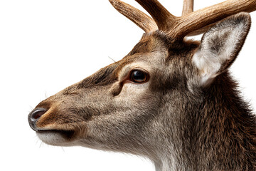 Side profile portrait of deer with antlers and soft brown fur isolated on transparent background