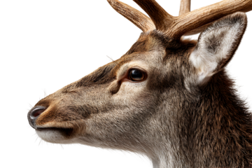 Side profile portrait of deer with antlers and soft brown fur isolated on transparent background