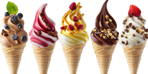 Five Delicious Soft Serve Ice Cream Cones with Toppings dessert sweet isolated on a transparent background