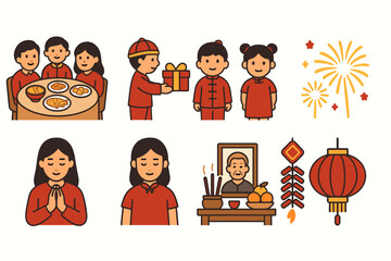Obraz premium Chinese new year flat icon set. celebration, festival symbols in flat style collection