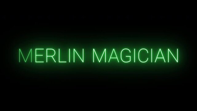Flickering neon green merlin magician sign animated on black background.
