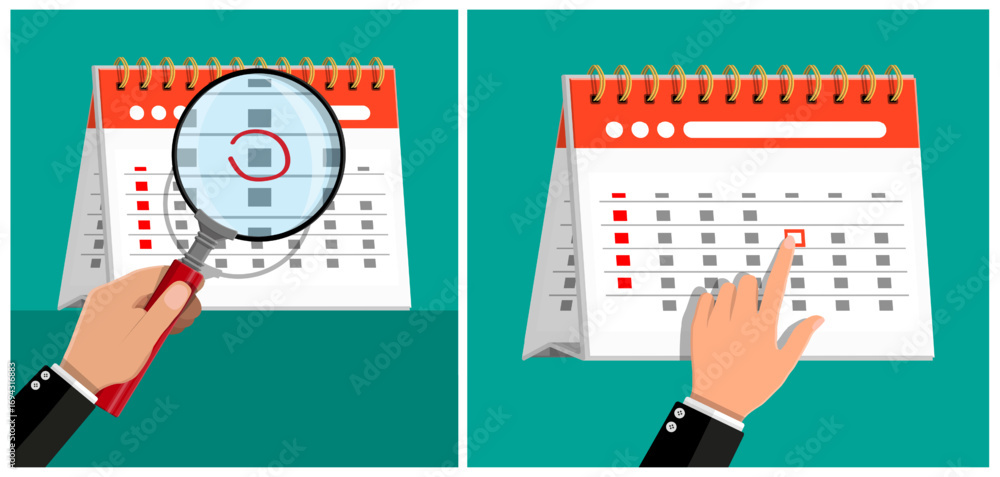 Poster desktop calendar set with magnifying glass and alarm clock. appointment and planning management. tim