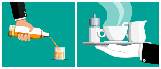 Man hand pouring alcohol into glass with ice and waiter hand carrying tray with teacup. Beverage service concept.
