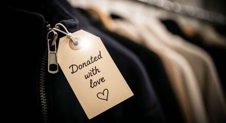 Paper tag with inscription "donated with love" attached to zipper of dark clothing, social charity concept for giving during a coat drive