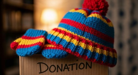 Colorful knit hat and mittens on a donation box for a coat drive. Charitable giving for winter warmth.