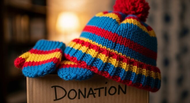 Colorful knit hat and mittens on a donation box for a coat drive. Charitable giving for winter warmth. - Powered by Adobe