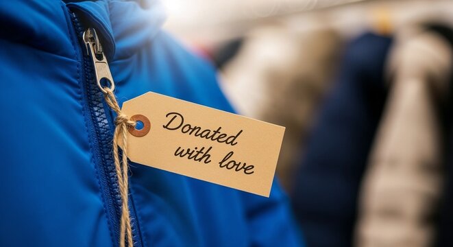 Blue coat with a tag reading "donated with love" hanging in a closet. Charity coat drive for winter clothes.