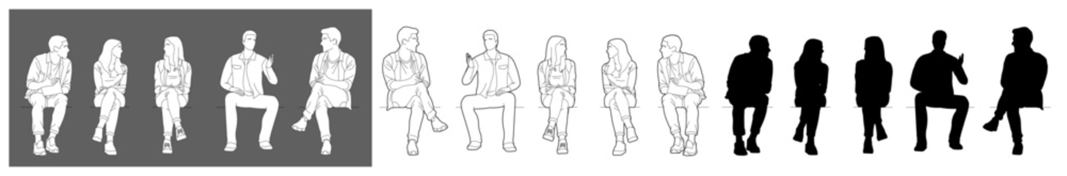 Sitting people silhouette Vector collection in PNG with black silhouettes and line designs of men and women and teenagers sitting on bench or chair business group in profile view isolated 