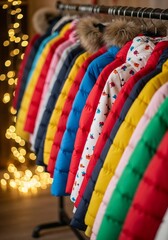 Many colorful winter coats waiting for a new owner. Coat drive and charitable donation concept. Warm clothes for cold weather.