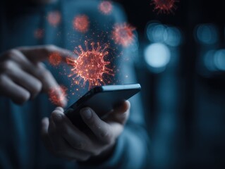 System hacked warning alert, Man using smartphone with cyber attack network, virus, spyware, scam or Malicious software. Cyber security and cybercrime. Compromised information internet