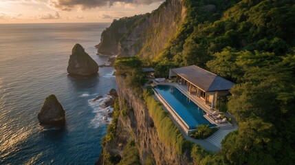 a luxurious cliffside villa with an infinity pool, drone shot from above showing steep cliffs and endless blue ocean below, surrounded by lush tropical greenery, golden hour 