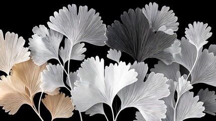 Delicate Black and White Floral Design with Intricate Petals on Dark Background