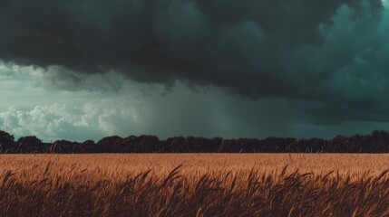 Fototapeta premium Minimalist wheat field under dramatic storm clouds in rustic countryside, high-resolution natural landscape photography