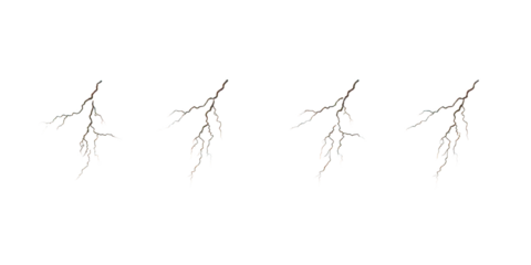 Four Jagged White Lightning Bolts electricity storm isolated on a transparent background