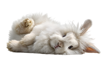 Fluffy white rabbit lying on back with pink nose and soft fur isolated on transparent background