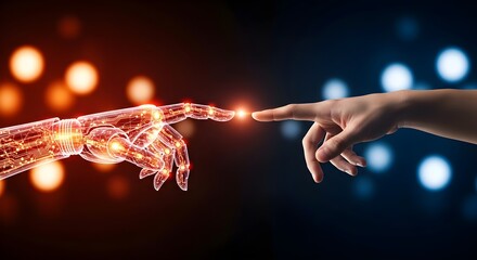A human hand and a robotic hand reach out to touch, with a light spark connecting them against a contrasting blue and red background.