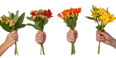 Four Hands Holding Bouquets of Colorful Flowers blur b06ba7a6 isolated on a transparent background