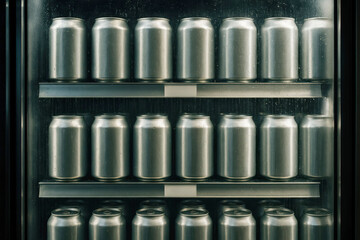 Rows of blank aluminum cans are neatly arranged in a chilled fridge. The condensation on the metallic surface highlights refreshment and cold beverages.