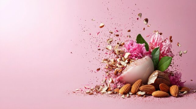 Digital illustration of a pink background with a white egg in the center. the egg is surrounded by a pile of almonds and pink peonies. - Powered by Adobe