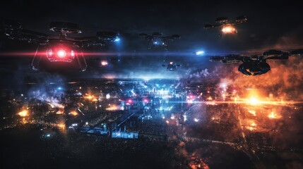 Obraz premium Robot drone swarm flying over futuristic battlefield with glowing lights, high-resolution sci-fi military illustration