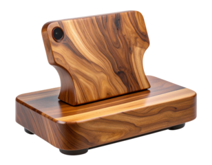 Handcrafted Walnut Phone Stand Front View with Smooth Finish and Minimalist Design, Isolated on Transparent Background