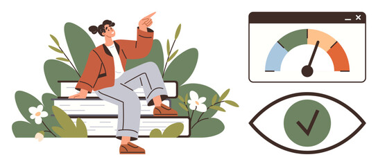 Woman sitting on books surrounded by plants, pointing upwards. Adjacent dashboard gauge and eye with checkmark icons. Ideal for education, analytics, progress, goal setting, success, monitoring