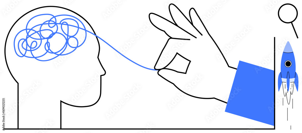 Poster hand unraveling tangled brain thoughts into clarity, launching rocket for progress. ideal for proble