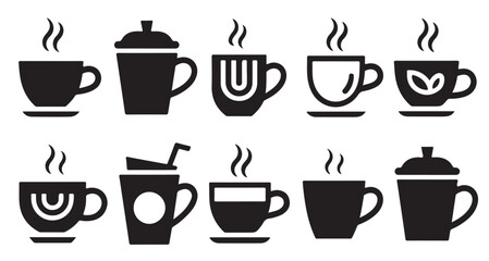 collection of ten black silhouette hot beverage cups mugs vector illustration