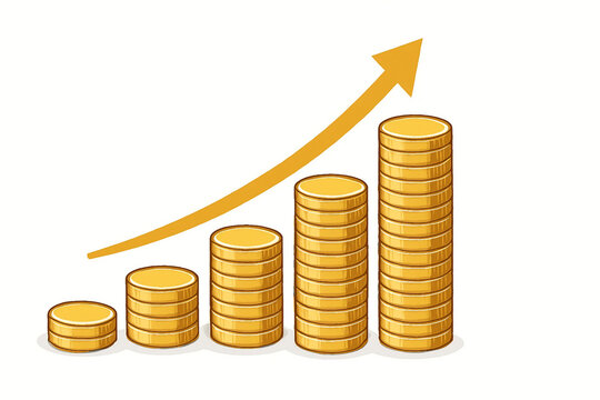 Stack of golden coins growing upward in a graph shape with an arrow pointing up, symbolizing financial growth, investment success, and business profit concept, isolated on white background