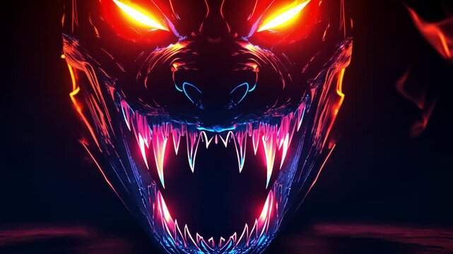 Fiery demon dog head emerging from darkness, showing its fangs